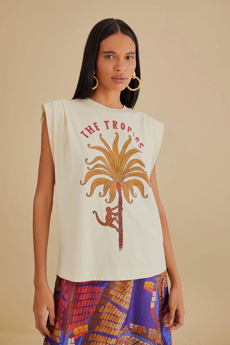 T-Shirt mit tropischem Print und Schulterpolstern