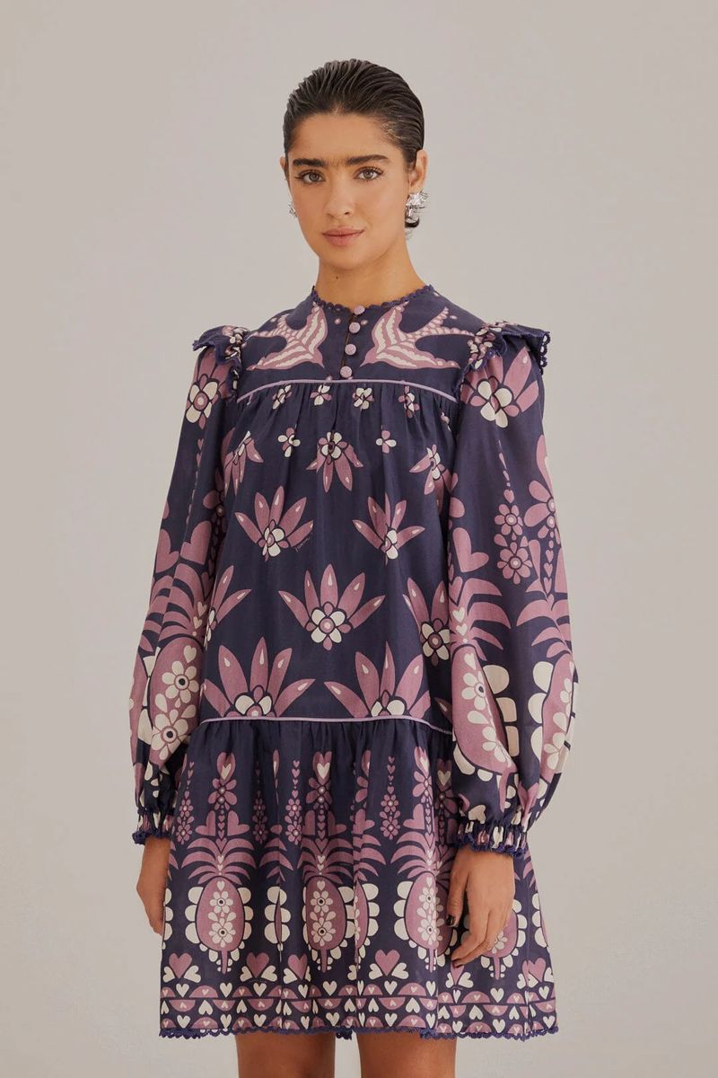 Kurzkleid mit Vogel- und Blumenprint