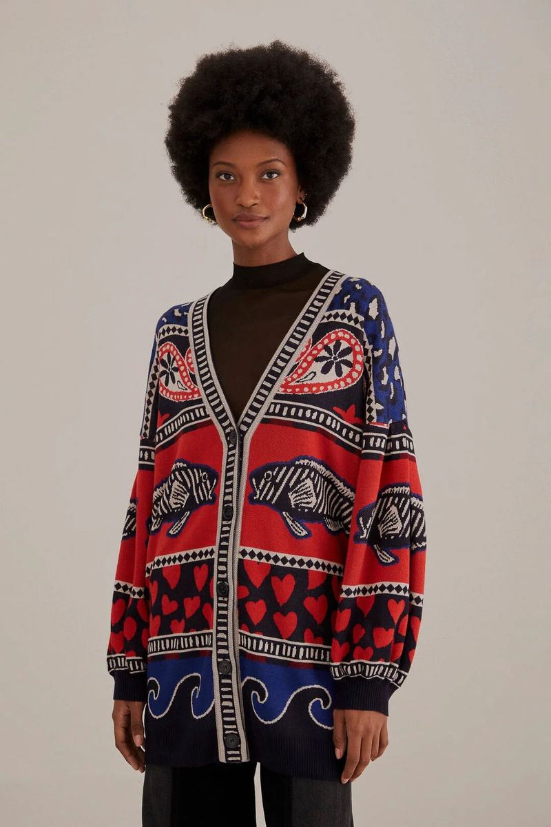 Gemusterter Strick-Cardigan mit Grafik-Prints