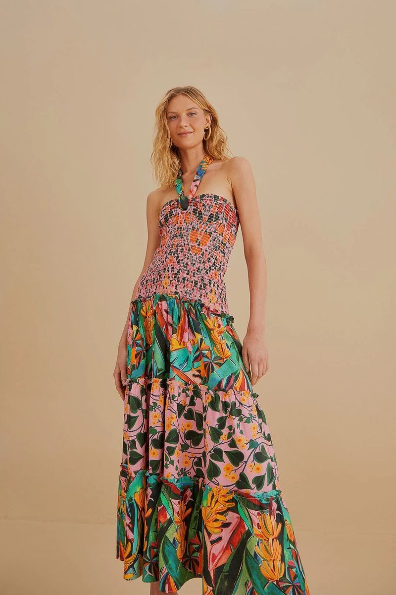 Gesmoktes gestuftes Halter-Midikleid