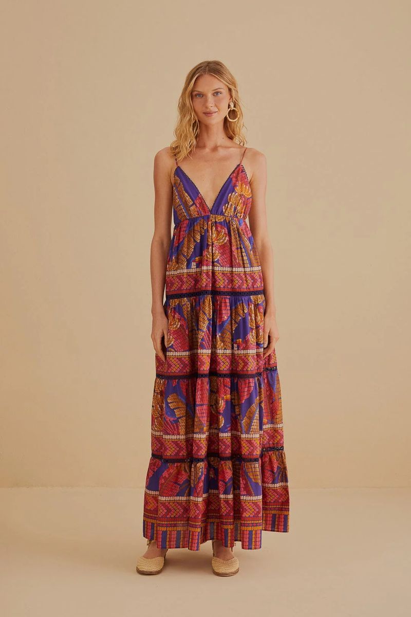 Gestuftes Maxi-Kleid mit Waldmosaik-Muster