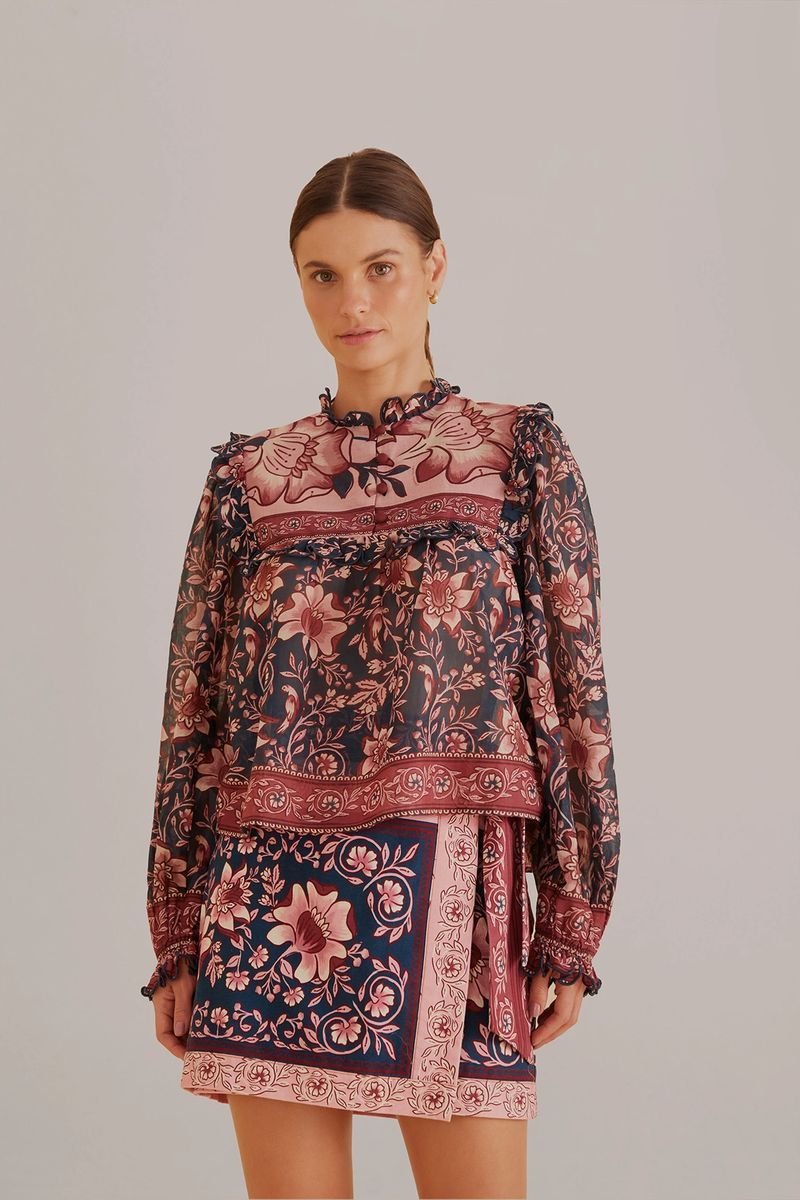 Geblümte Baumwollbluse mit Rüschen