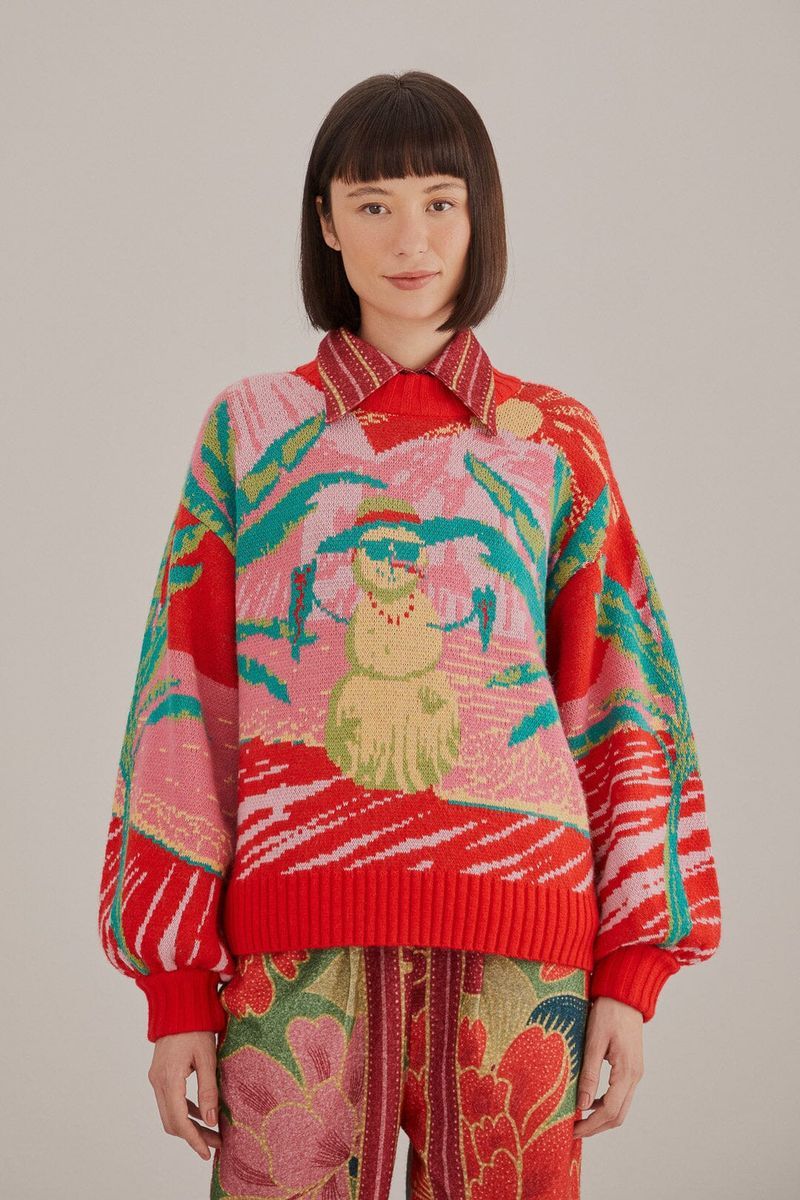 Intarsien-Strickpullover mit tropischem Schneemann