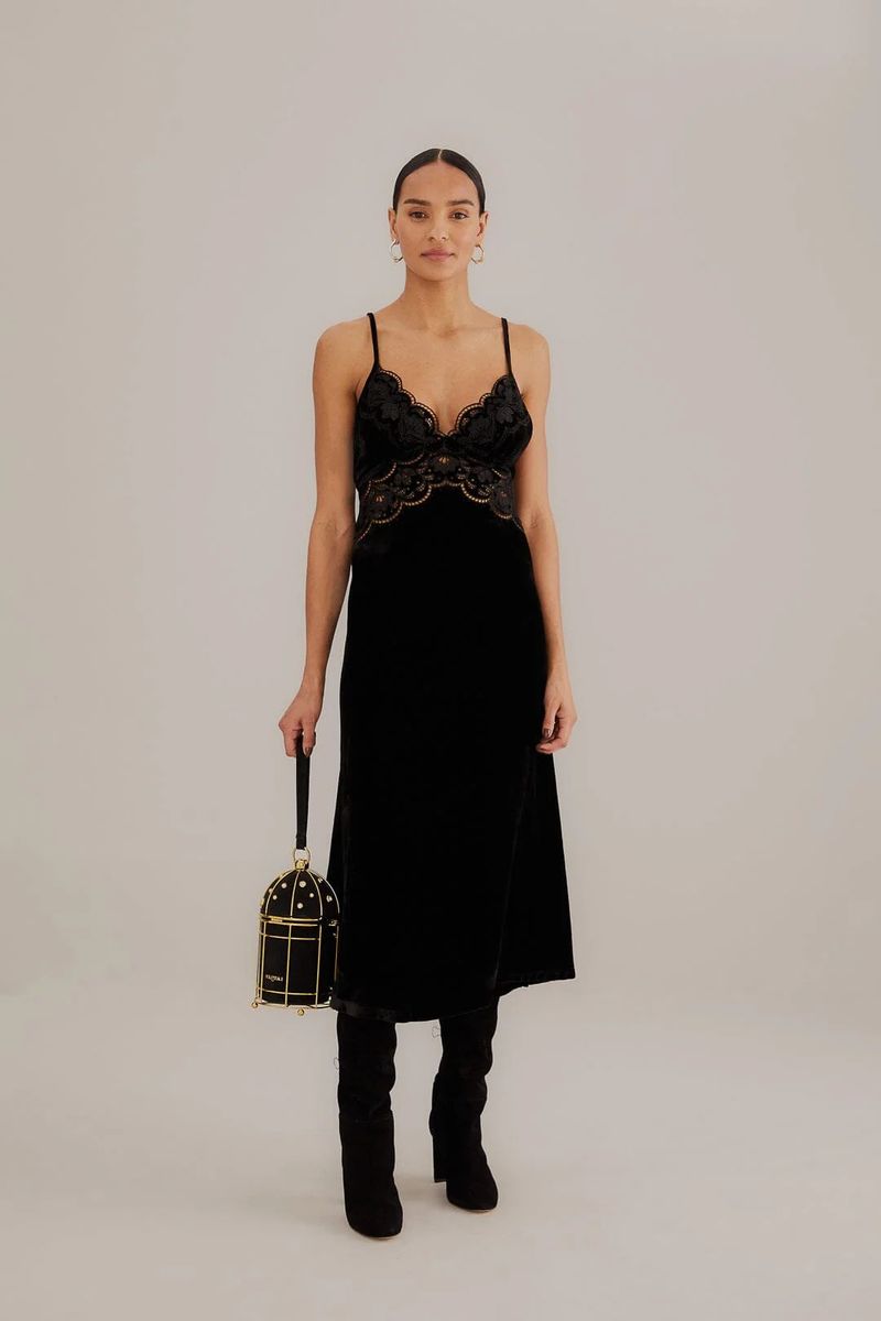 Elegantes Samt-Midikleid mit Spitzenbesatz