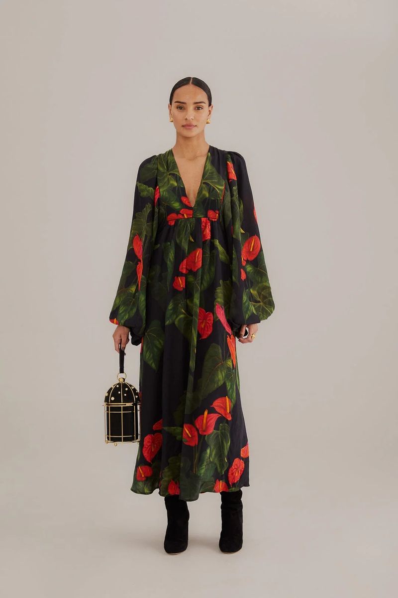 Maxikleid mit Anthurien-Print und V-Ausschnitt