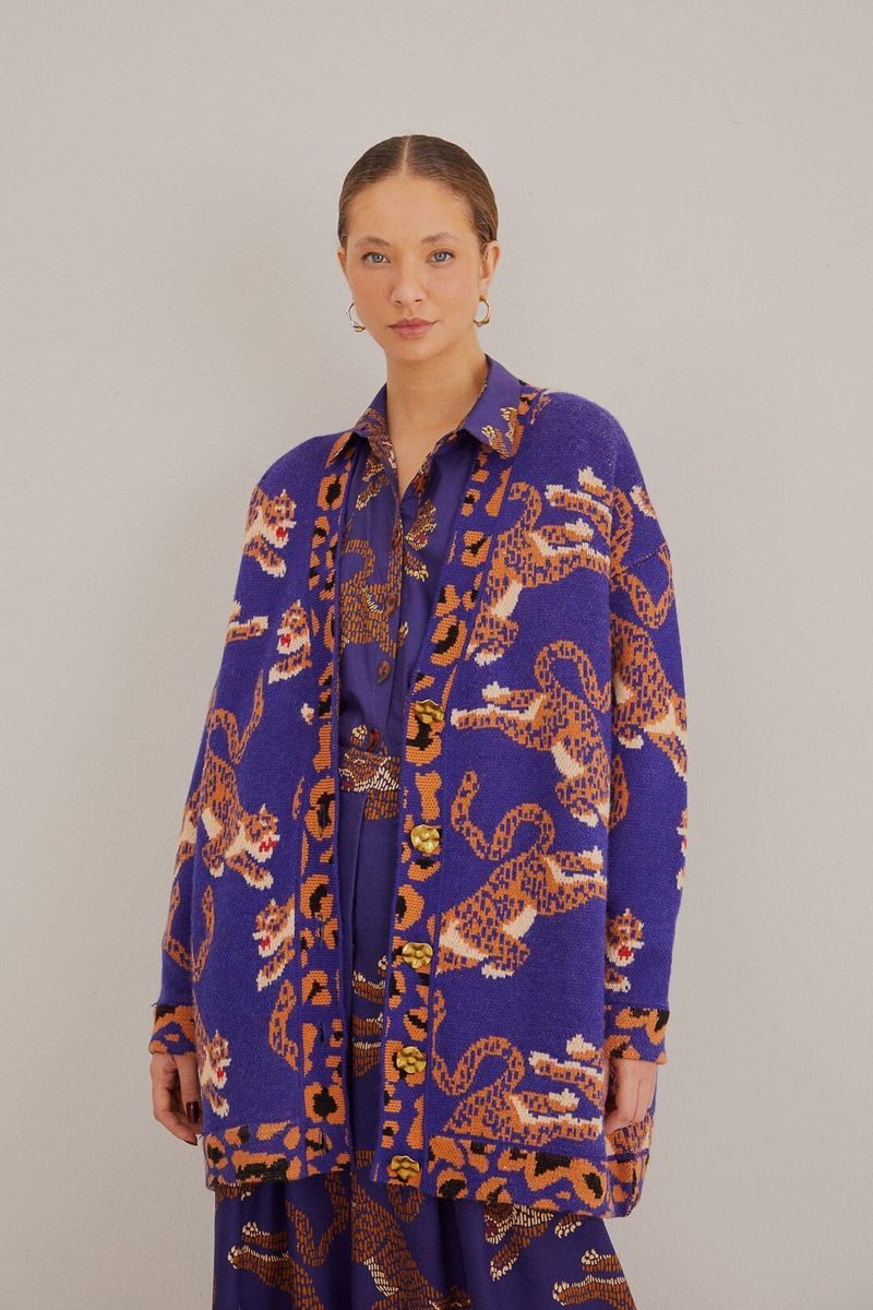 Overschnittene Strickjacke mit Leopardenmuster