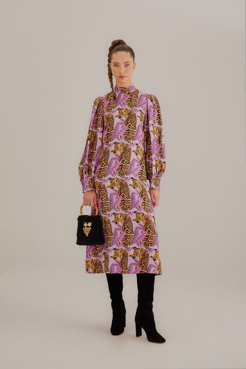 Midi-Kleid mit Tiger-Blatt-Muster
