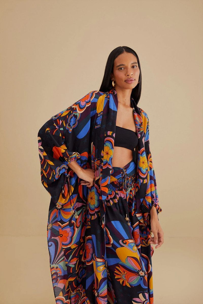 Langer Kimono mit psychedelischem Blumenmuster