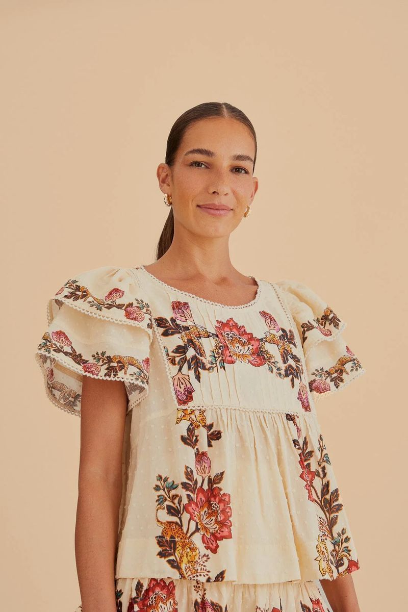 Top mit Leoparden-Blumen-Print und Stufenärmeln