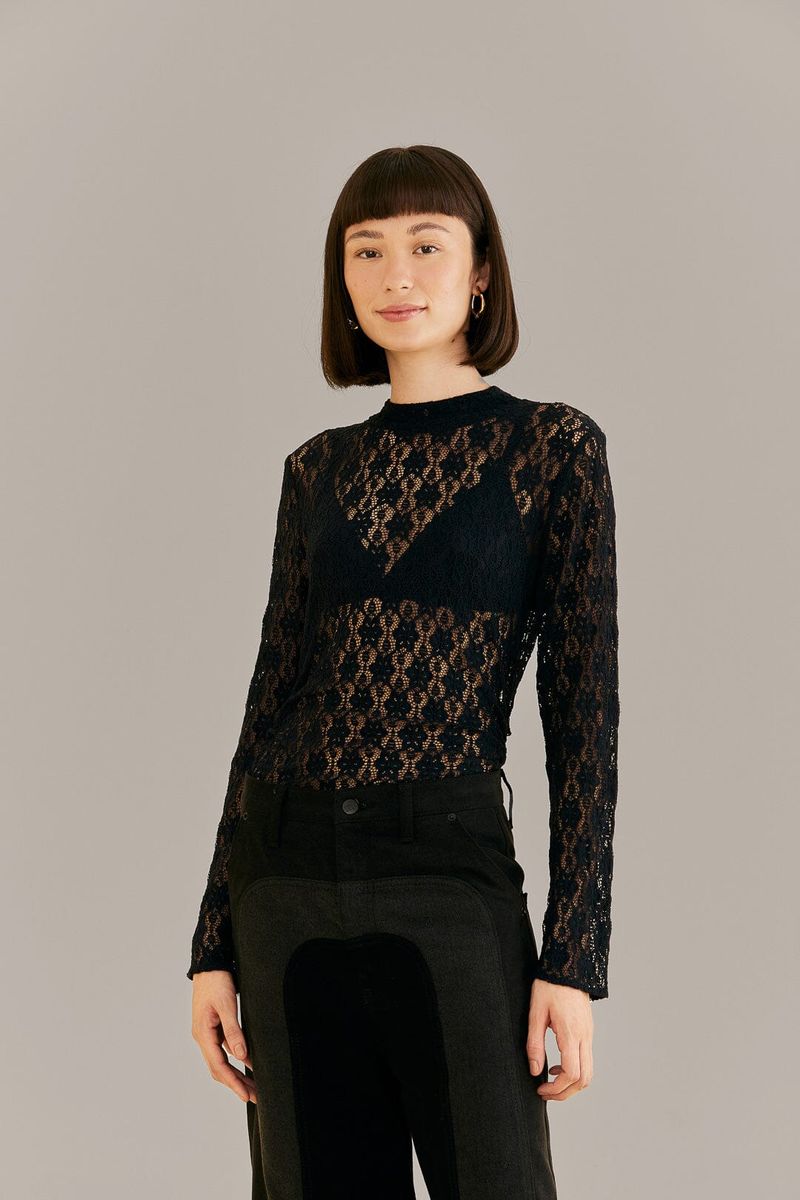 Transparente Spitzenbluse mit Stehkragen