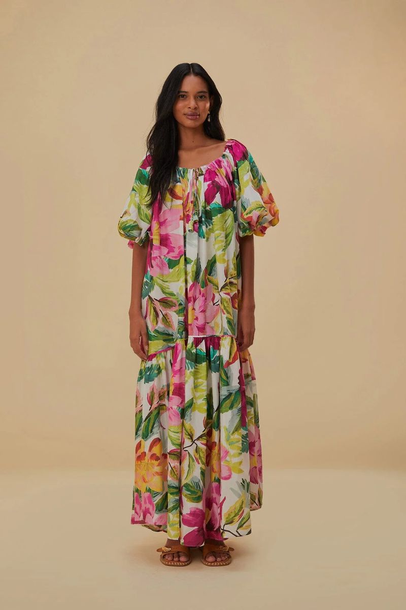 Schulterfreies Maxikleid mit gemalten Blumen