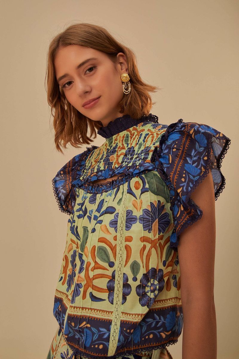 Gesmokte Ocean Tapestry Rüschenbluse