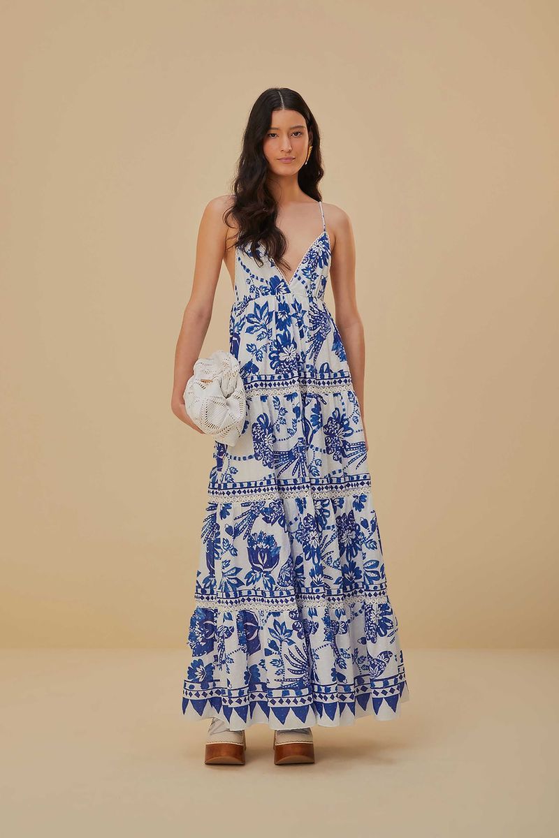 Stufen-Maxikleid mit Vogel-Print