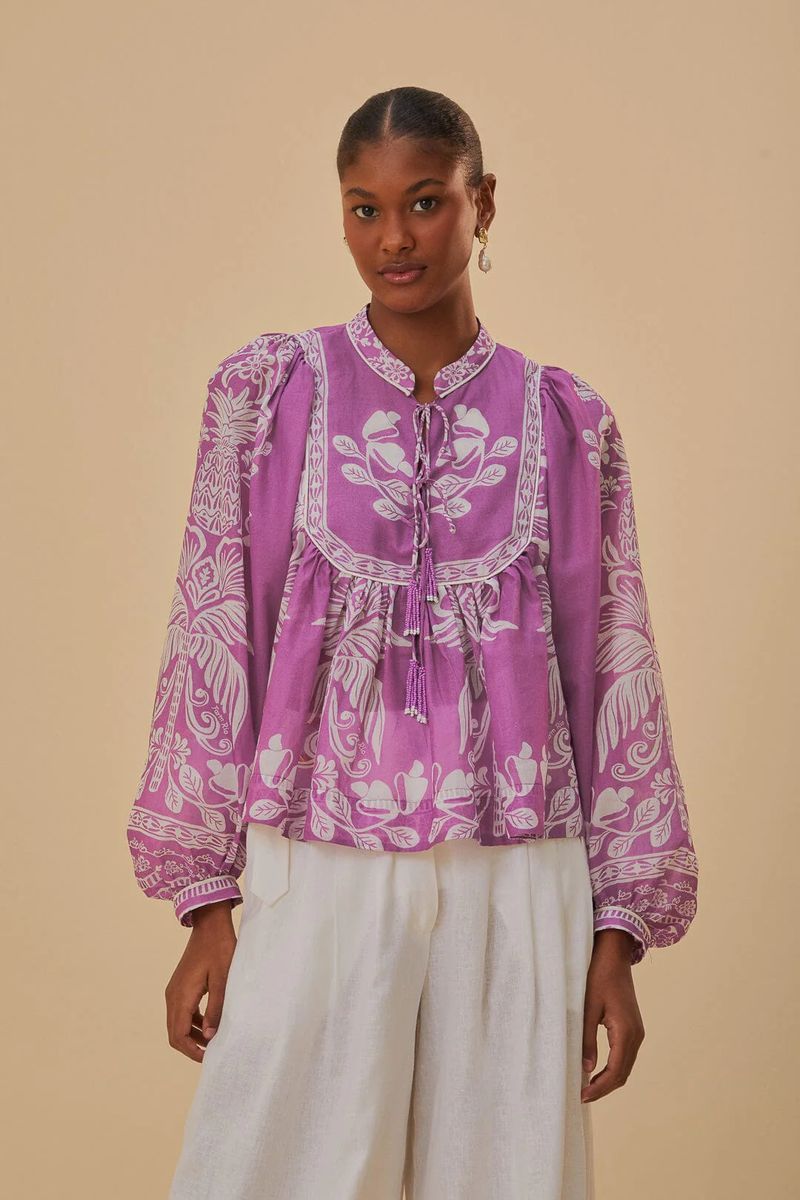 Bluse mit botanischem Print und Quasten