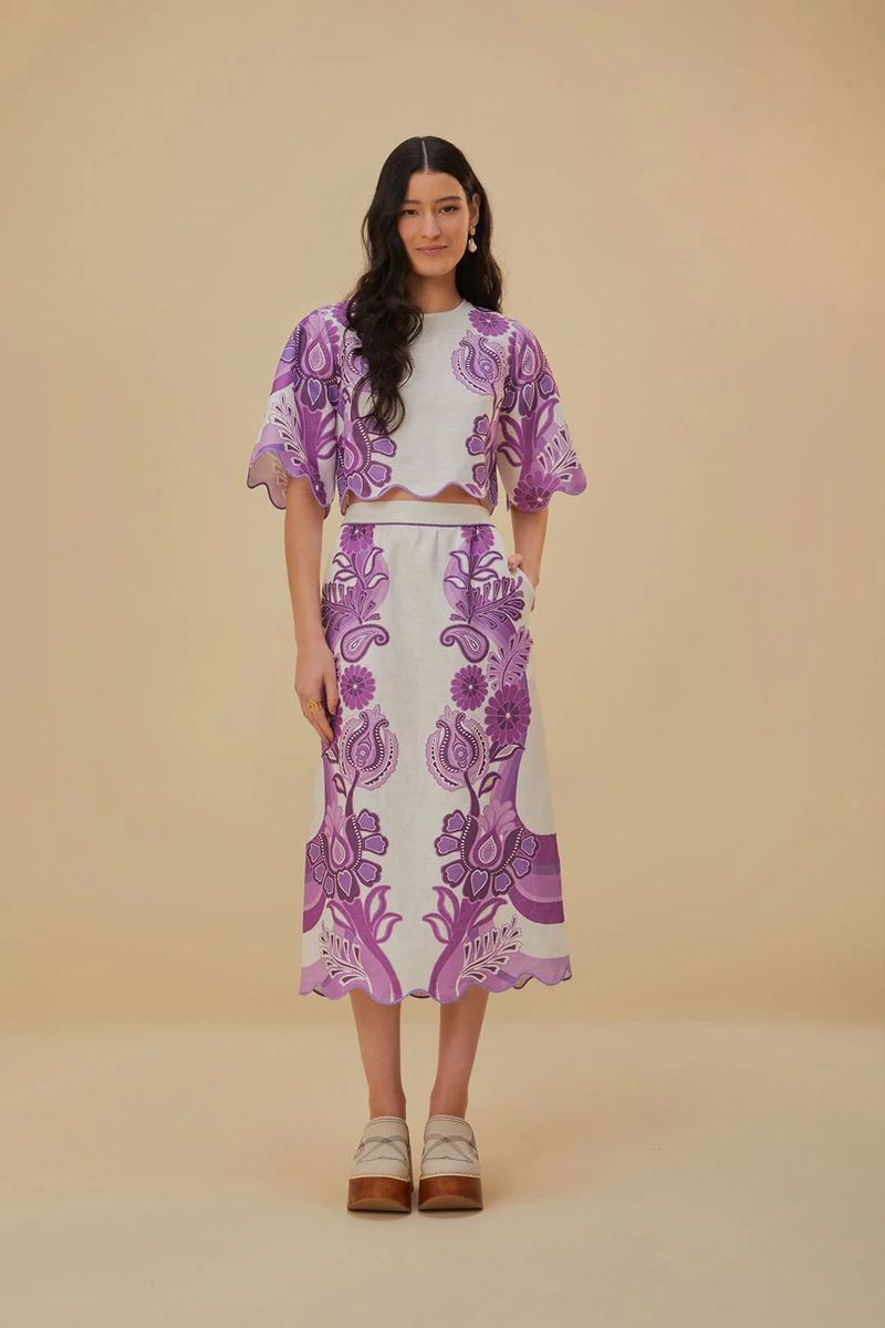 Leinen-Midirock mit Blumenprint