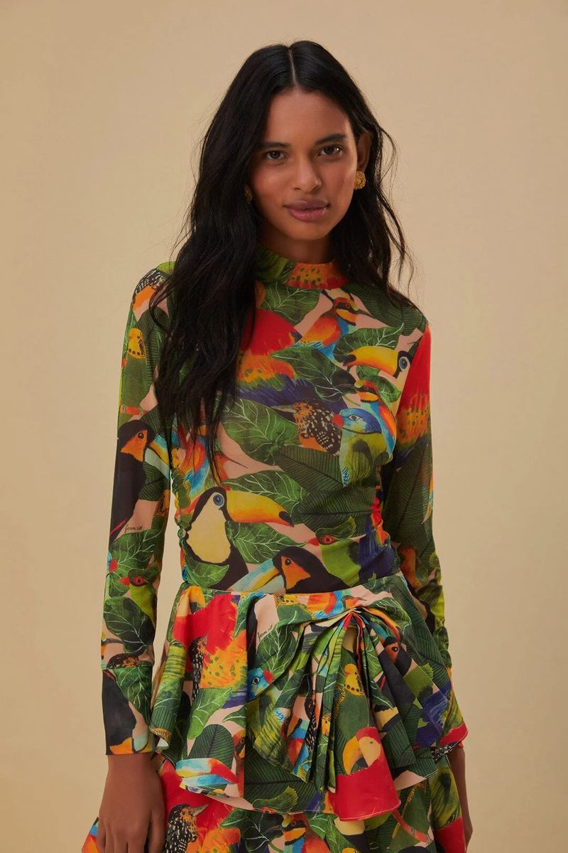 Bunte Netzbluse mit Vogelprint