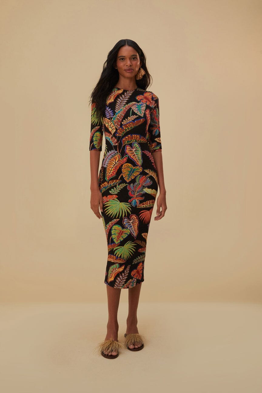Midikleid mit tropischem Blattmuster