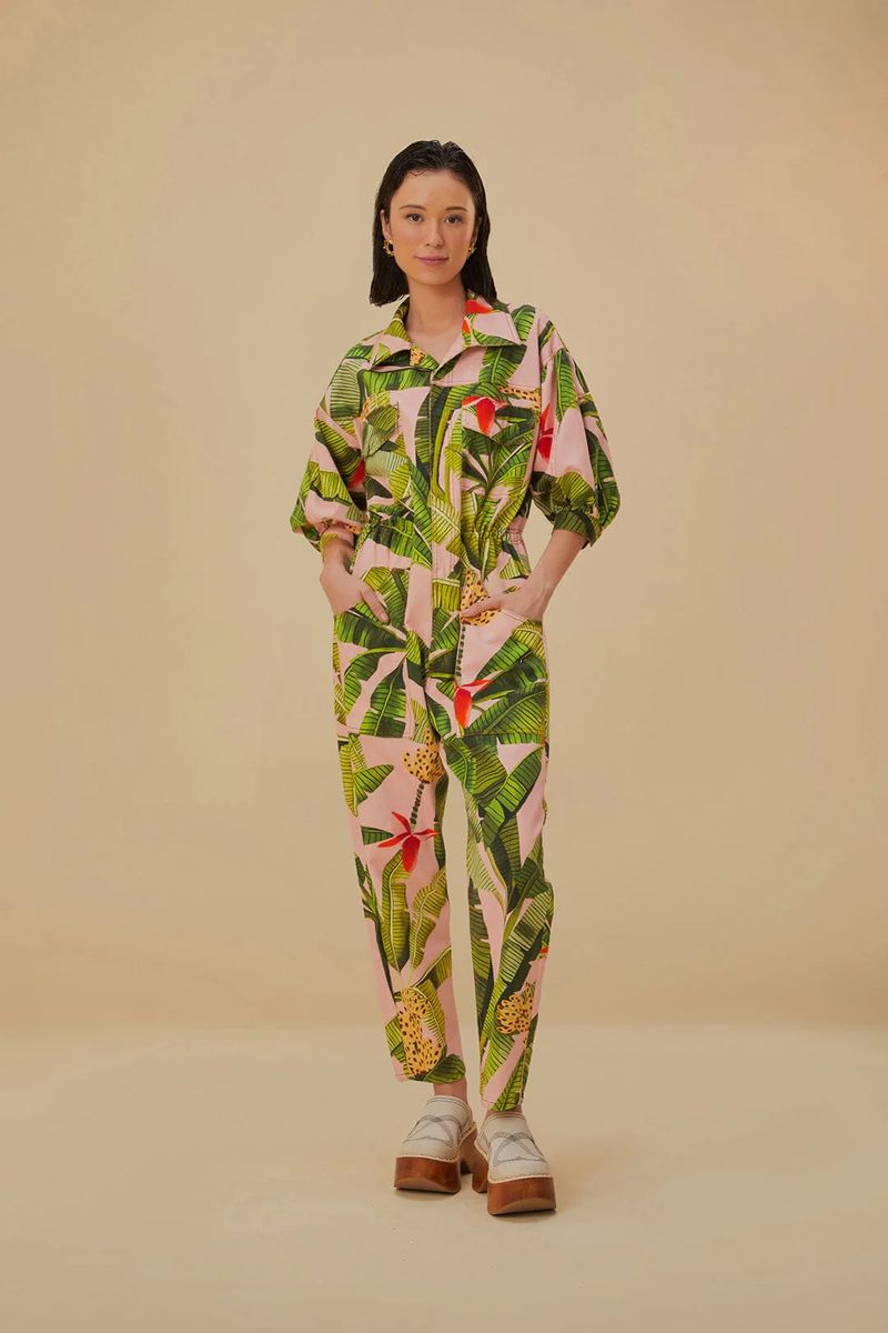 Boiler-Jumpsuit mit tropischem Blattmuster