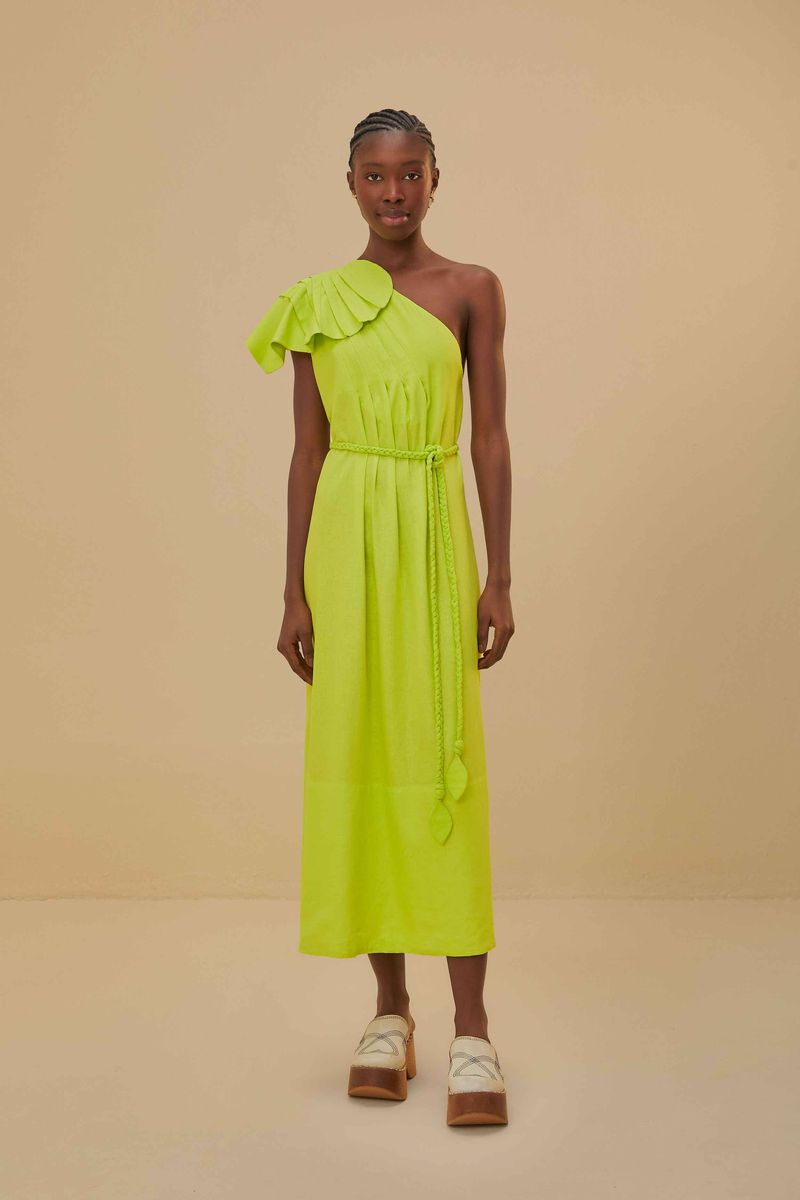 Einseitig schulterfreies Maxi-Leinenkleid mit Rüschen