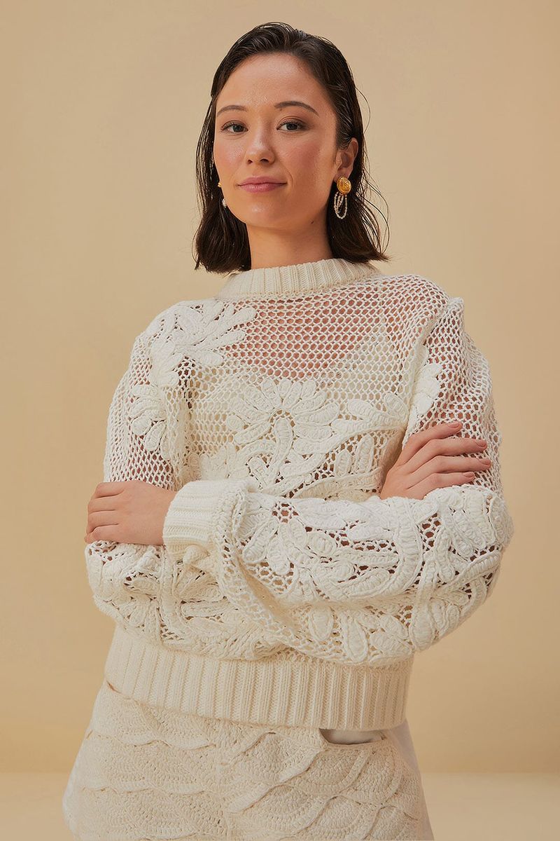 Bestickter Mesh-Pullover mit Blumen