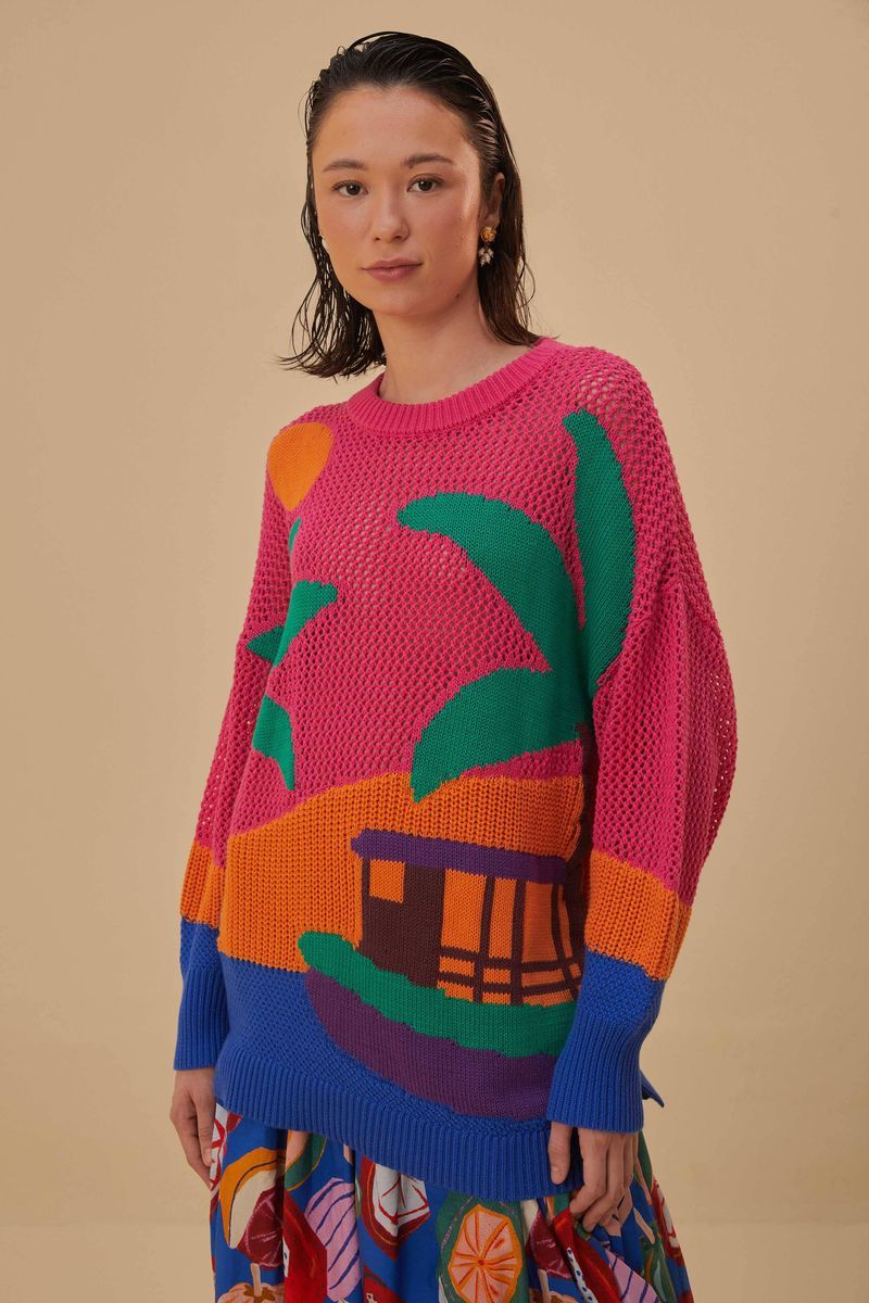 Strickpullover mit tropischer Landschaftsgrafik