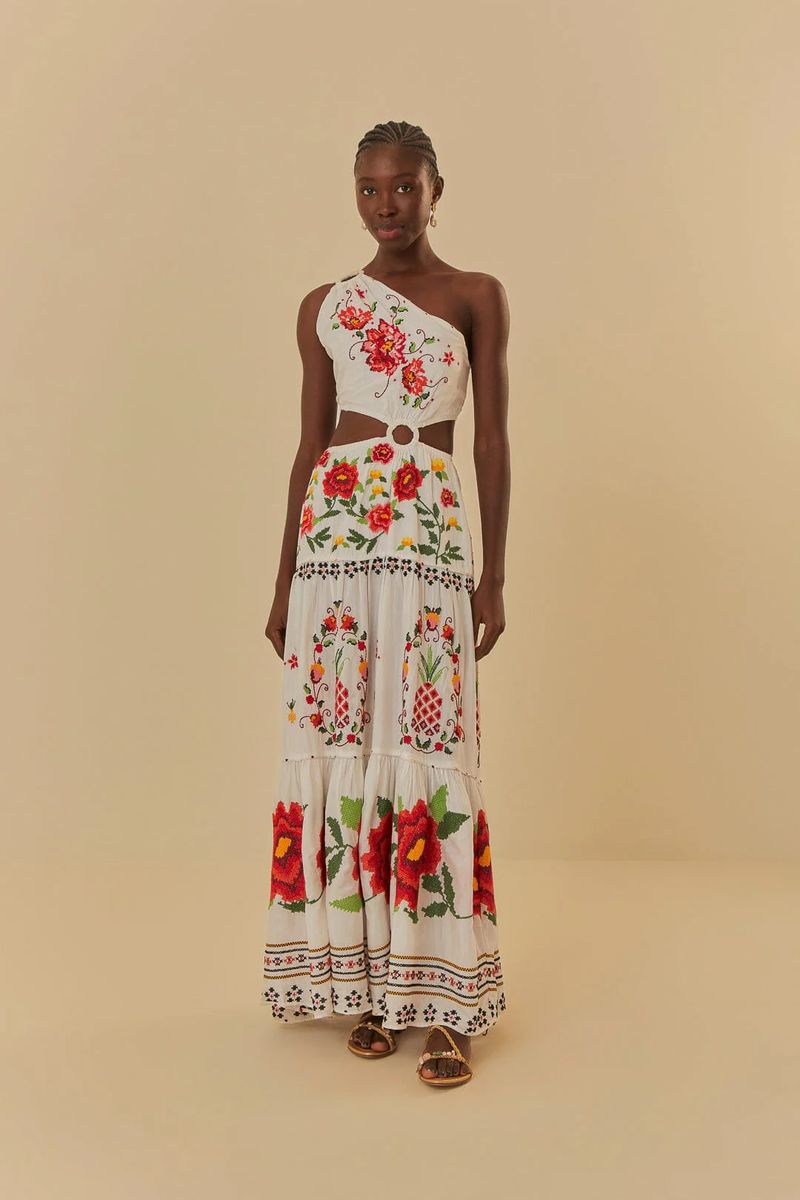 Besticktes One-Shoulder-Maxikleid mit Blumenmuster