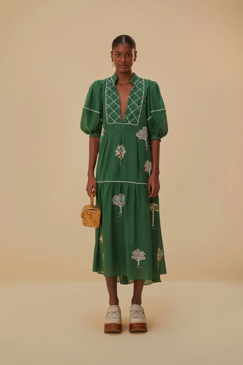 Besticktes Baum-Midi-Kleid aus Baumwolle