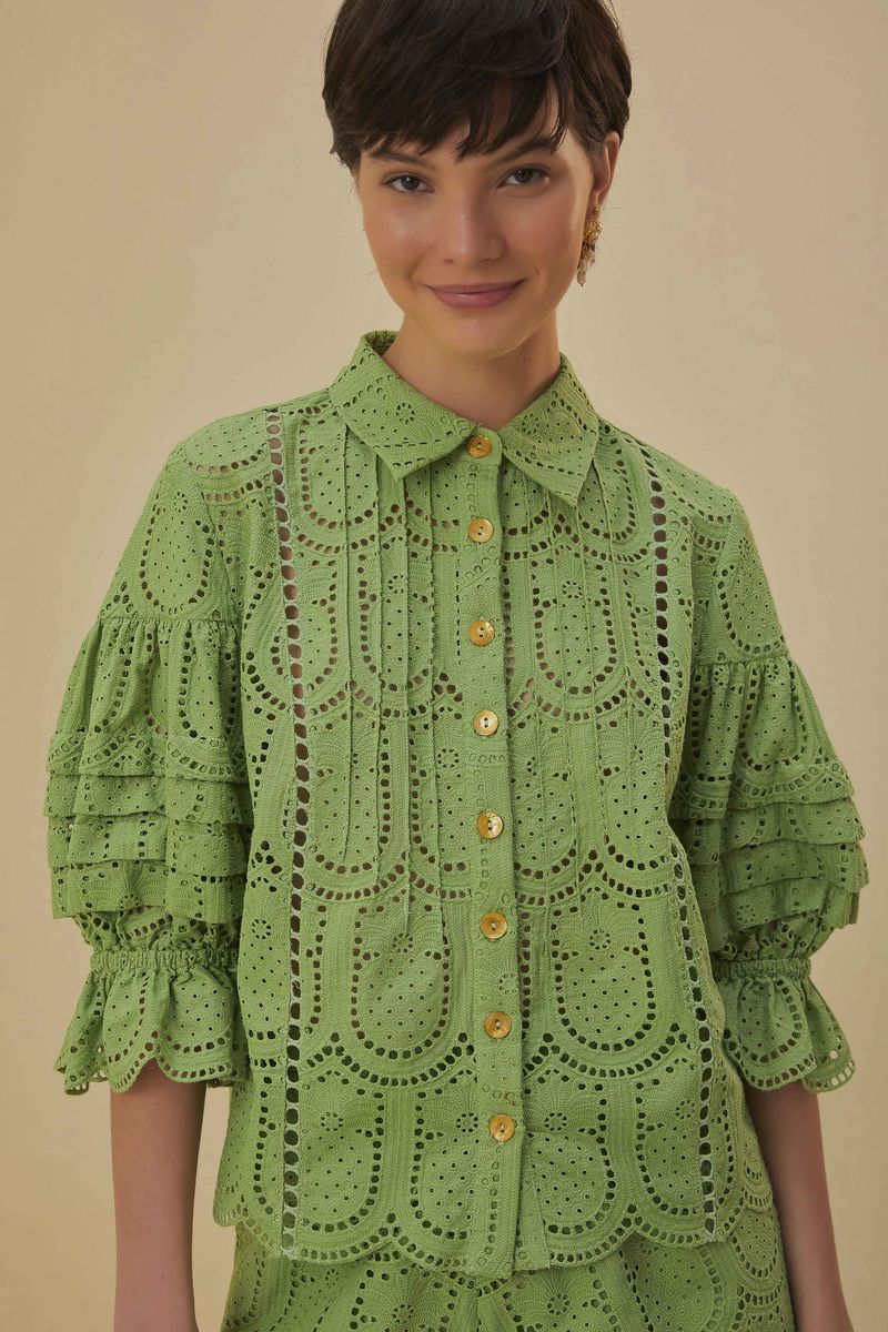 Rüschenbluse mit Ananas-Lochstickerei