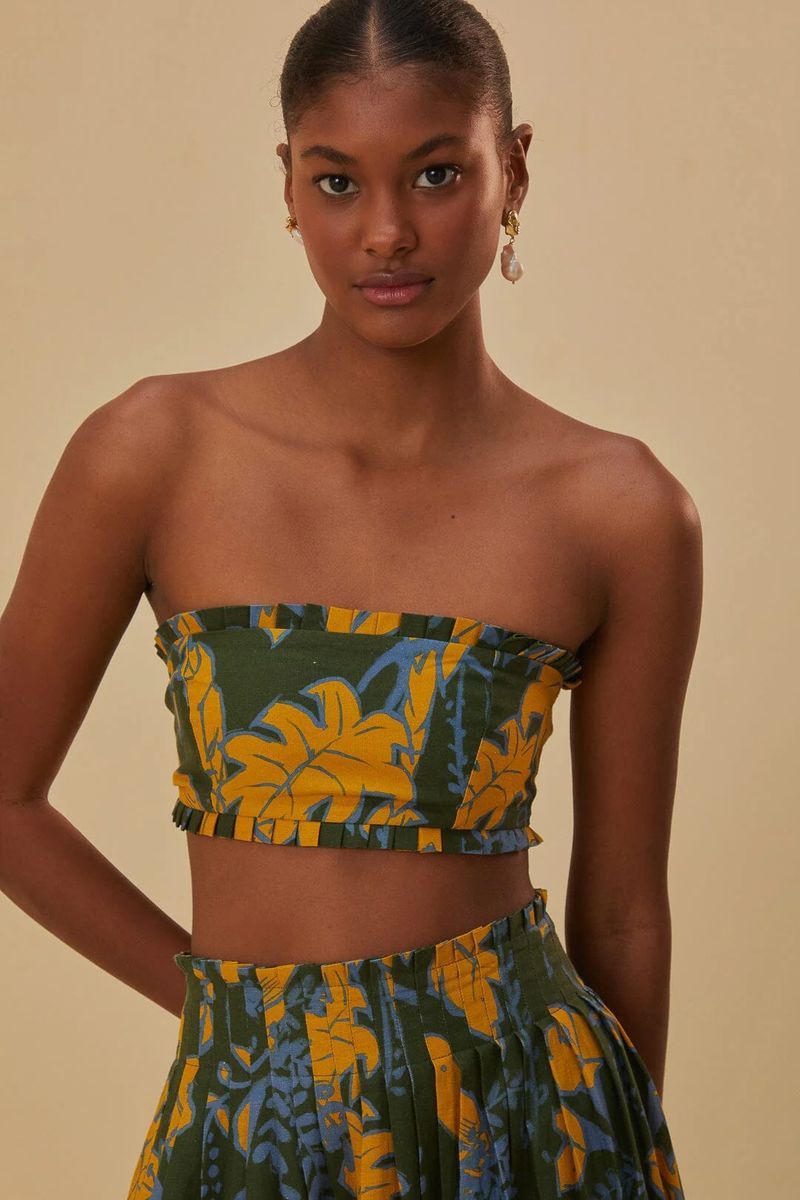 Trägerloses Crop-Top mit Blattmuster