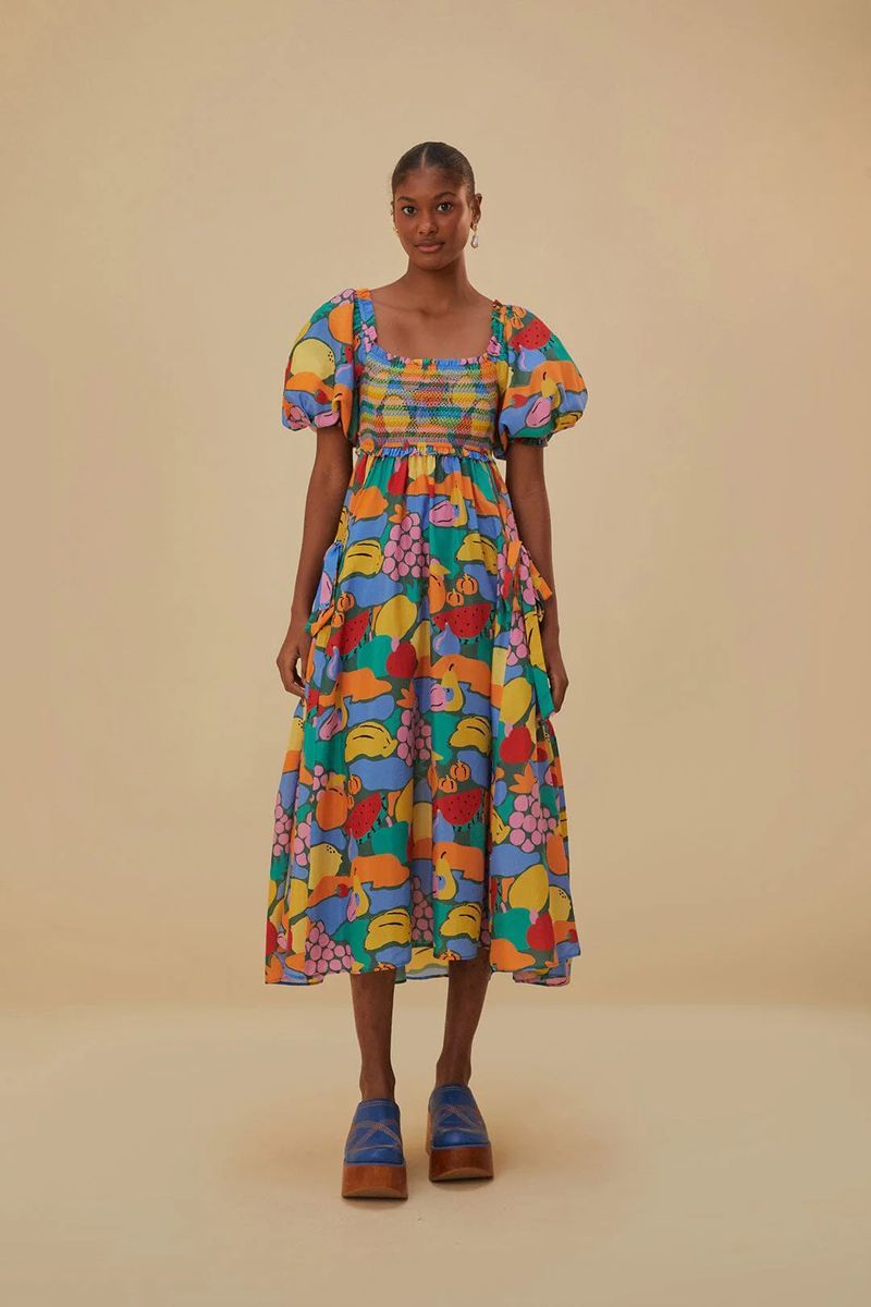 Midikleid mit Früchte-Print und Smokbund