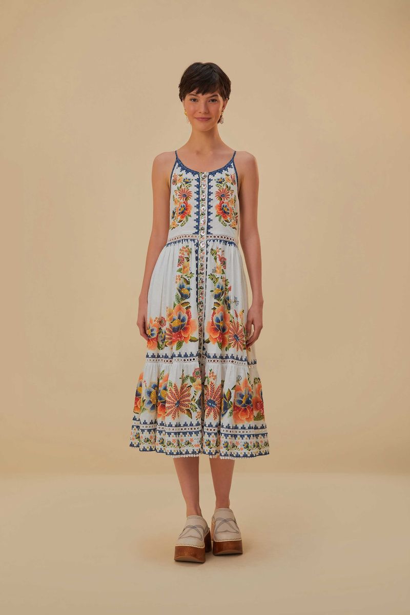 Gestuftes Midi-Blumenkleid mit Knöpfen