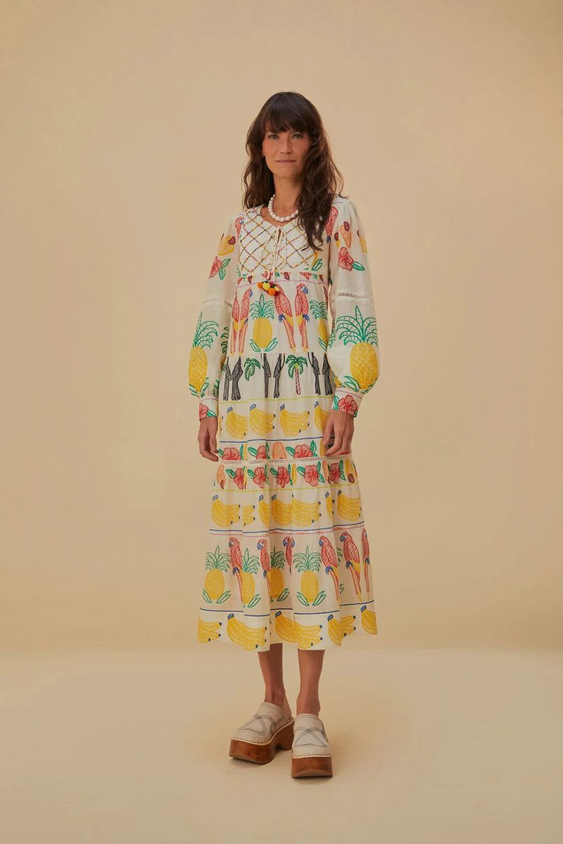 Besticktes Tropicolors Midi-Kleid
