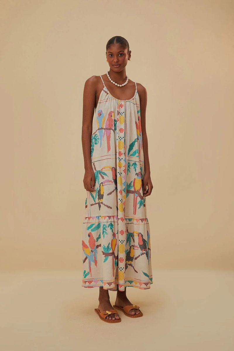 Gestuftes Maxikleid mit Vogelmuster