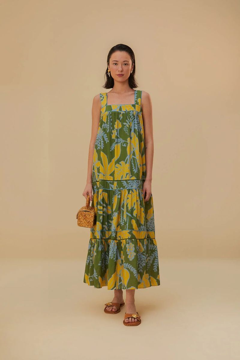 Gestuftes Maxikleid mit Blattmuster