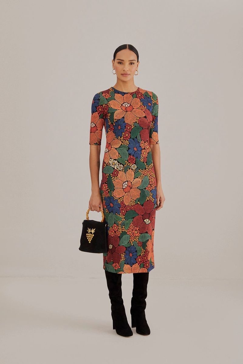 Midi-Kleid mit gesticktem Blumenmuster