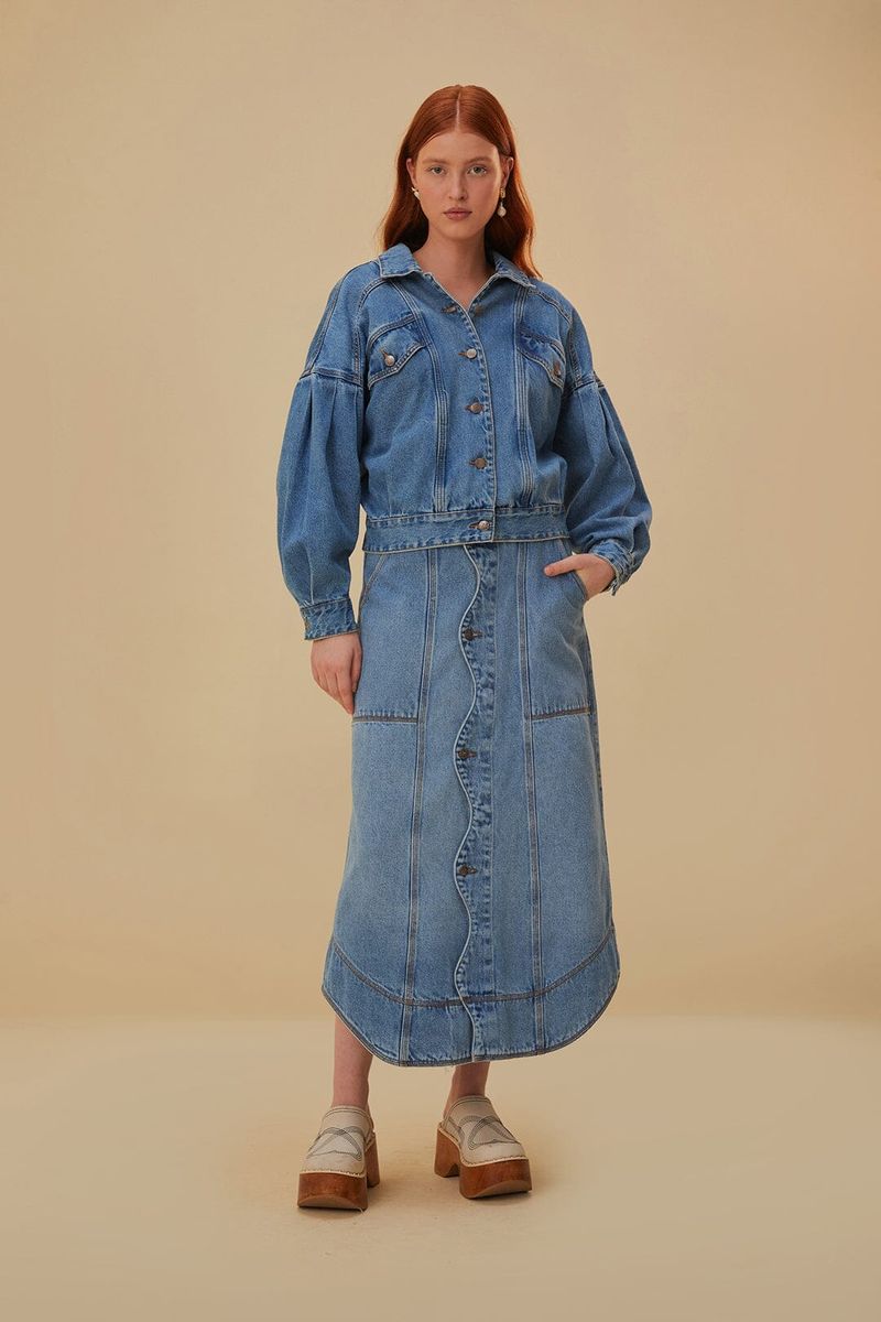 Jeans-Midirock mit gewellter Knopfleiste