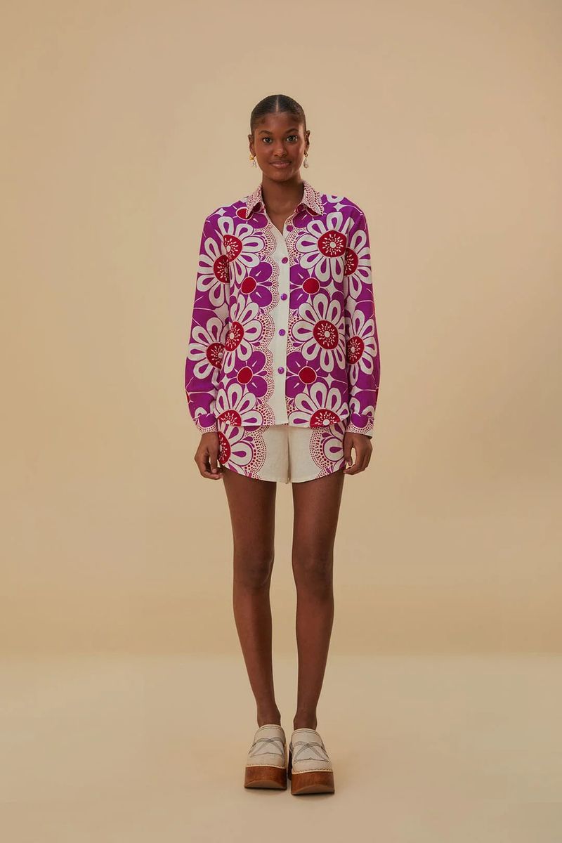 Shorts aus Leinenmischung mit Blumenbordüre