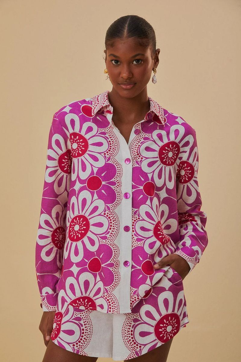 Leinenbluse mit grafischem Blumenmuster