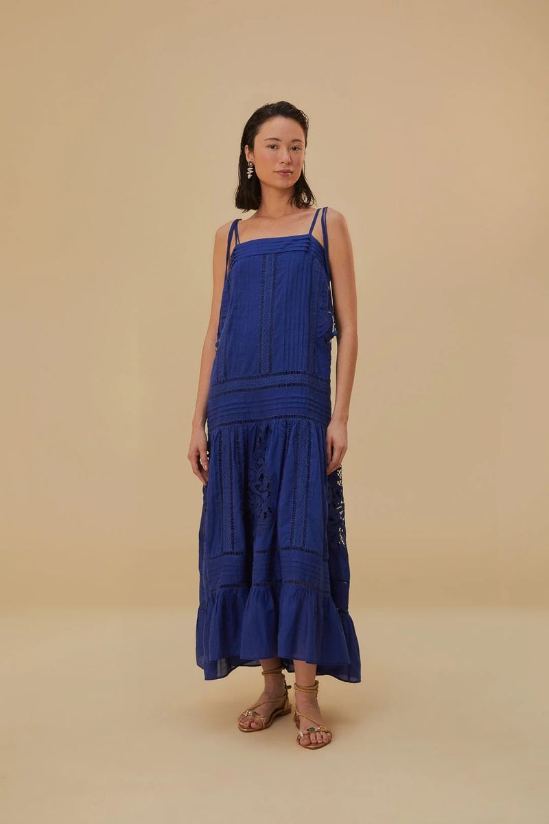 Gestuftes Baumwoll-Maxikleid mit Spitze