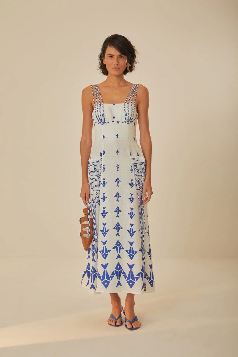 Leinen-Maxikleid mit grafischem Fischmuster