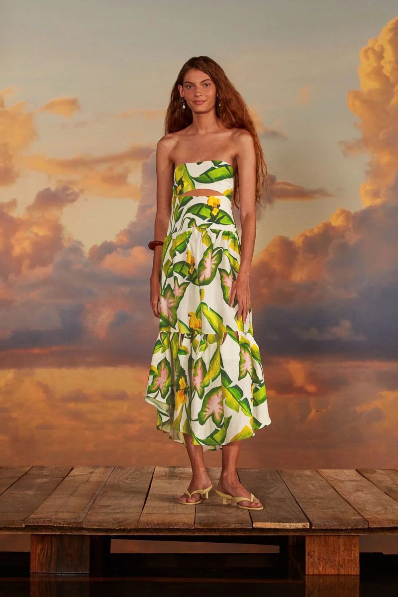 Midi-Leinenkleid mit Blätter-Print und Cut-Out