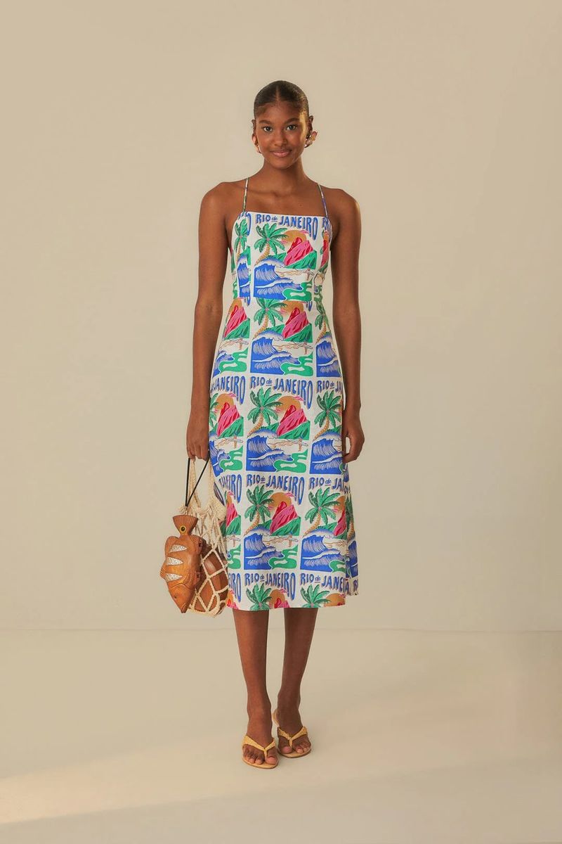 Besticktes Midi-Kleid mit Carioca-Druck