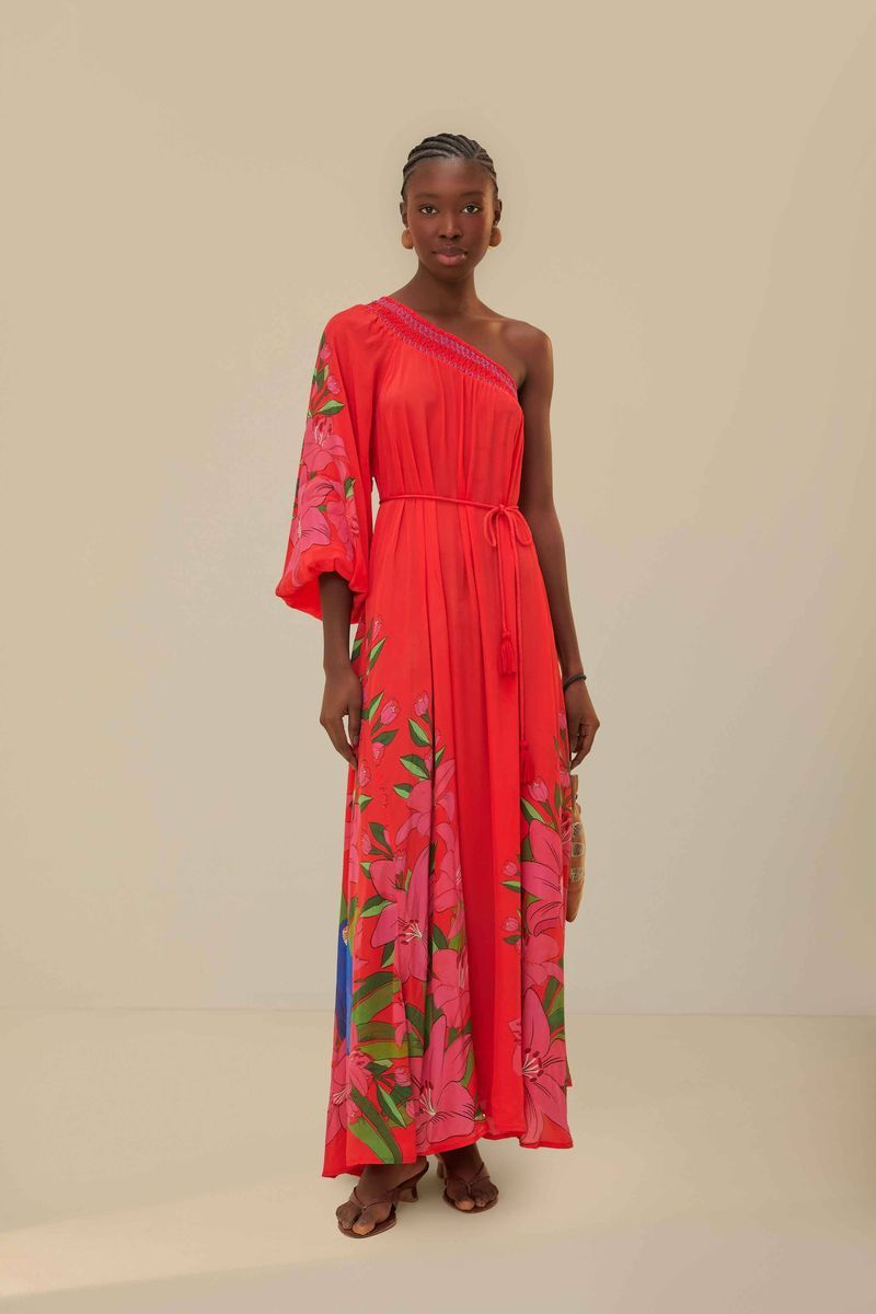 Asymmetrisches Maxikleid mit Tropenprint