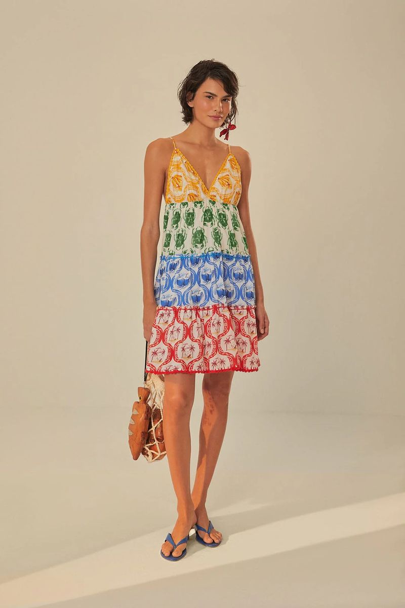 Gestuftes Mini-Baumwollkleid mit Tropenprint