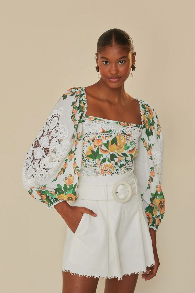 Puffärmel-Bluse mit Papaya-Print