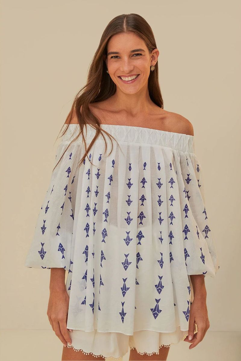 Off-Shoulder-Bluse mit grafischem Fischmuster