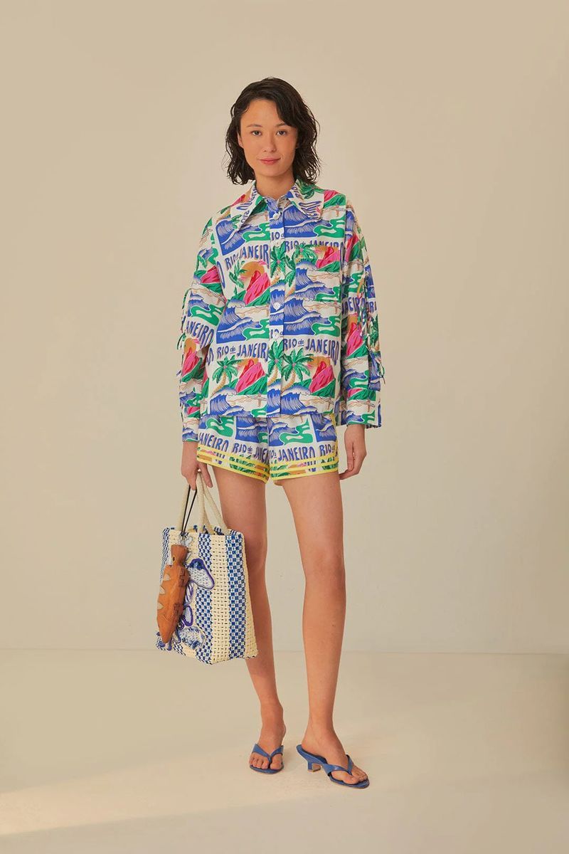 Bestickte Baumwollshorts mit Carioca-Posterdruck