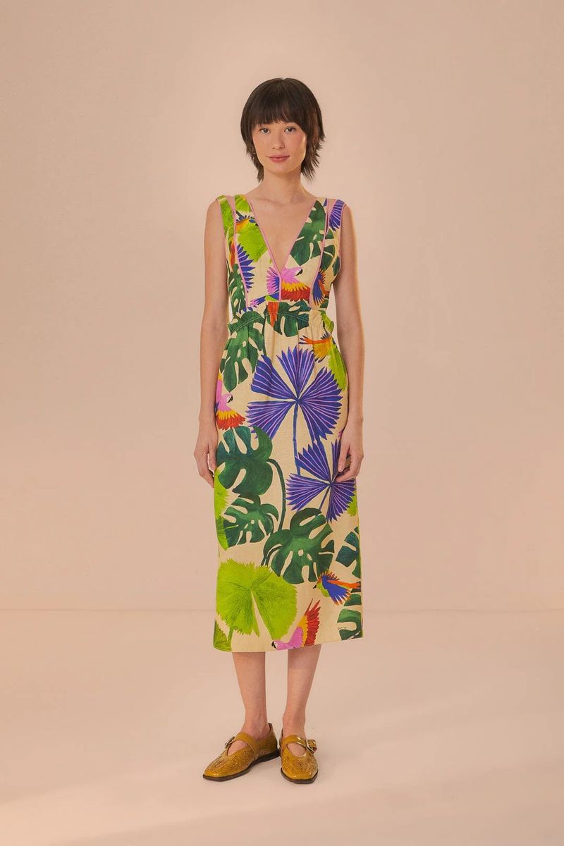 Leinen-Midikleid mit tropischem Papageien-Print