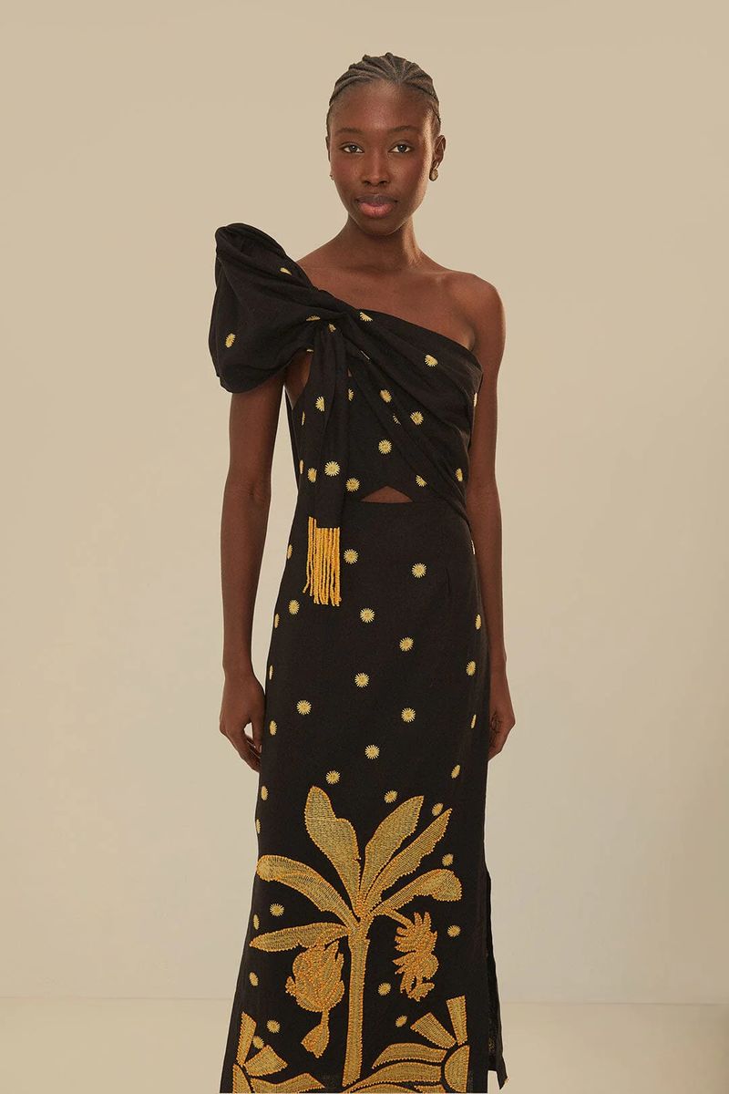 Einschultriges Besticktes Leinenkleid