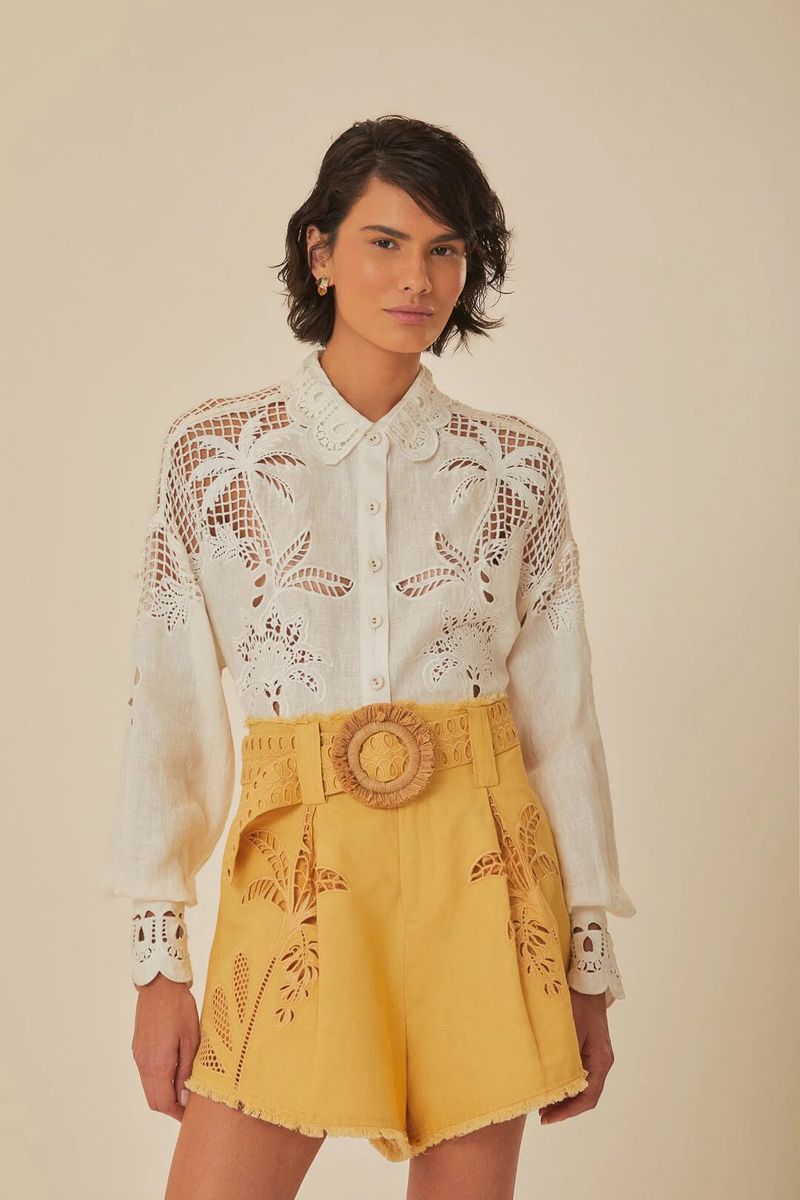 Tropisch bestickte Leinen-High-Waist-Shorts
